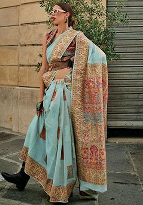 Sky Blue Zari Weaving Silk Sarees