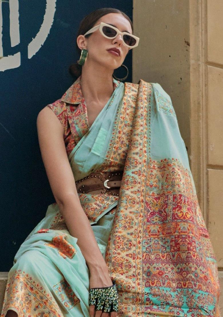 Sky Blue Zari Weaving Silk Sarees