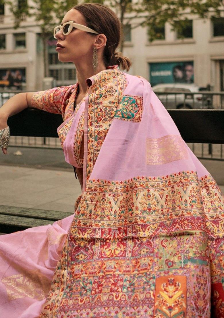 Pink Zari Weaving Silk Sarees