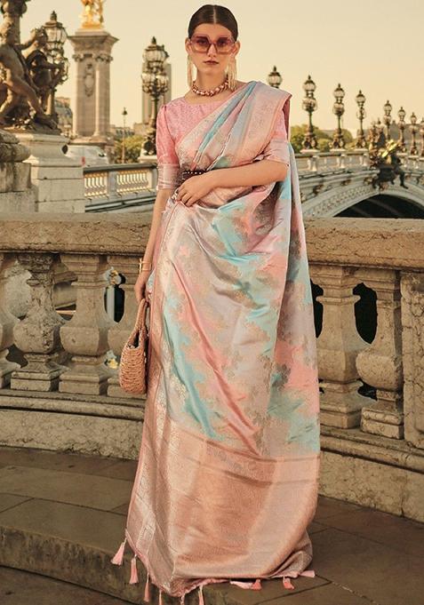 Multicolour Zari Weaving Satin Sarees