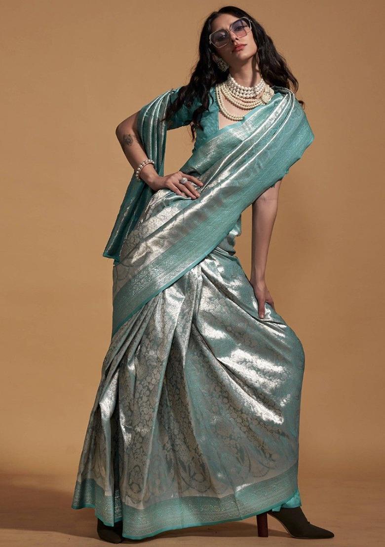 Sky Blue Zari Weaving Silk Sarees