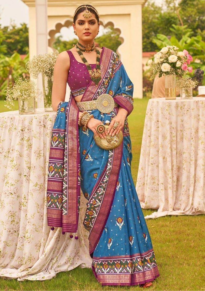 Blue Printed Patola Sarees