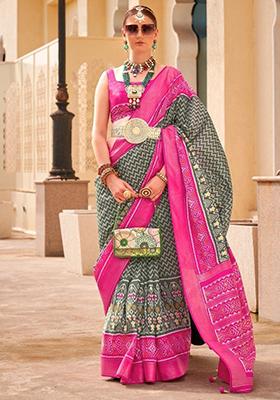 Grey Digital Print Silk Sarees