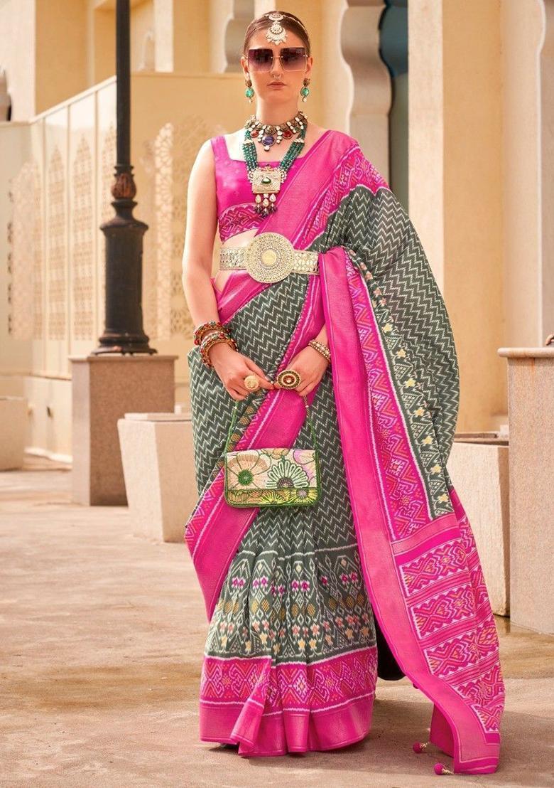 Grey Digital Print Silk Sarees