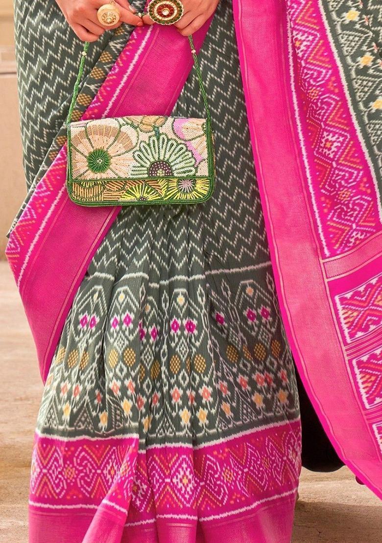 Grey Digital Print Silk Sarees