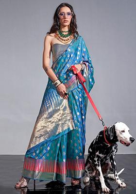 Blue Zari Weaving Silk Sarees