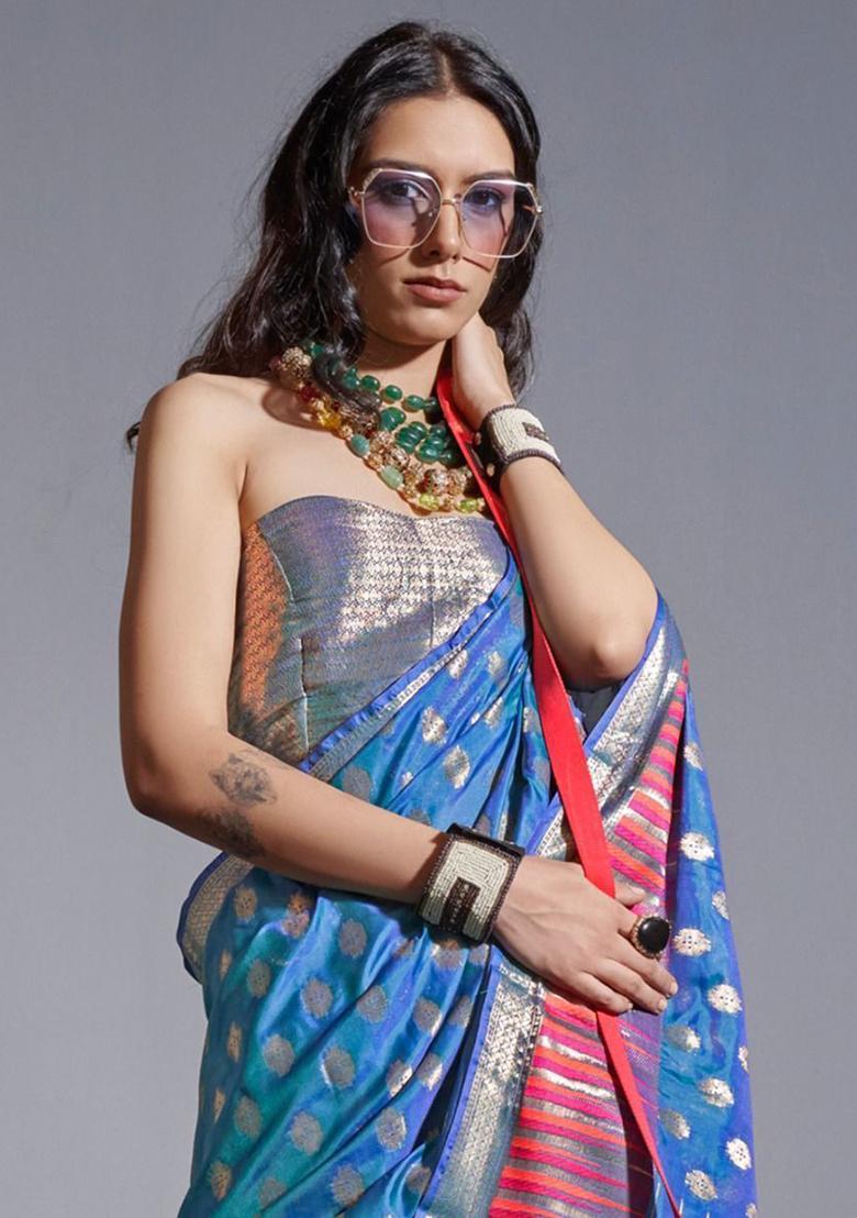 Blue Zari Weaving Silk Sarees