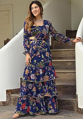 Navy Blue Floral Print Georgette Sarees