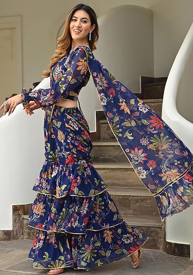 Navy Blue Floral Print Georgette Sarees