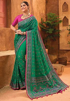 Green Mirror Work Banarasi Silk  Sarees