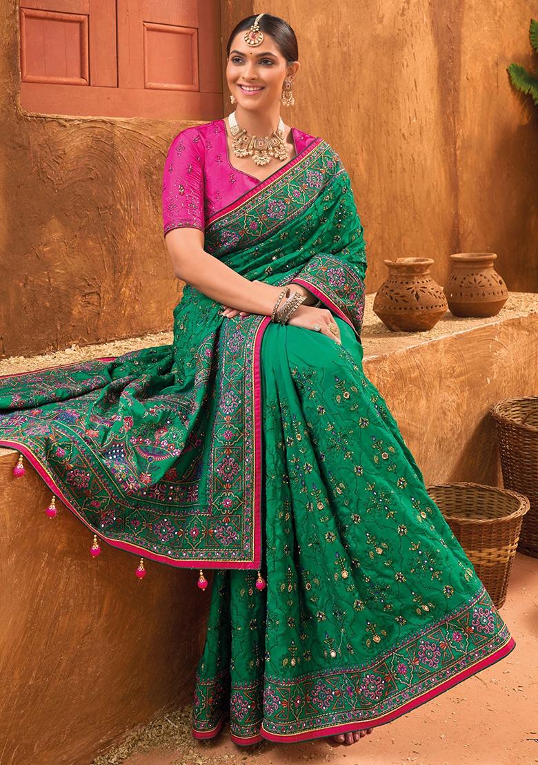 Green Mirror Work Banarasi Silk  Sarees