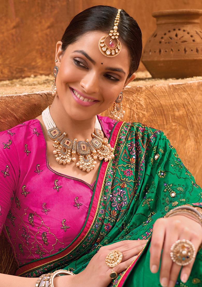 Green Mirror Work Banarasi Silk  Sarees