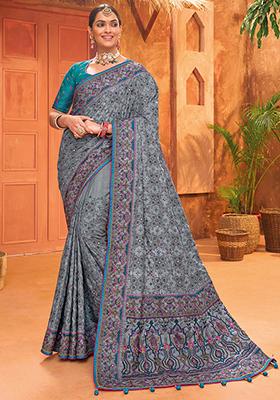 Grey Mirror Work Banarasi Silk  Sarees