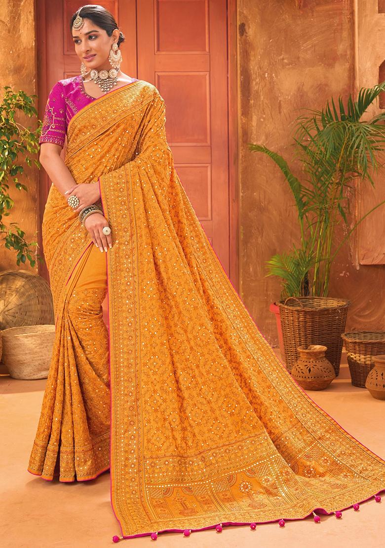 Yellow Mirror Work Banarasi Silk  Sarees