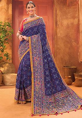 Blue Mirror Work Banarasi Silk  Sarees