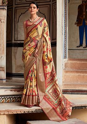 Yellow Digital Print Silk Sarees