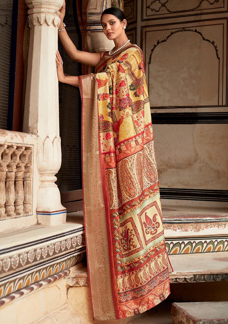 Yellow Digital Print Silk Sarees