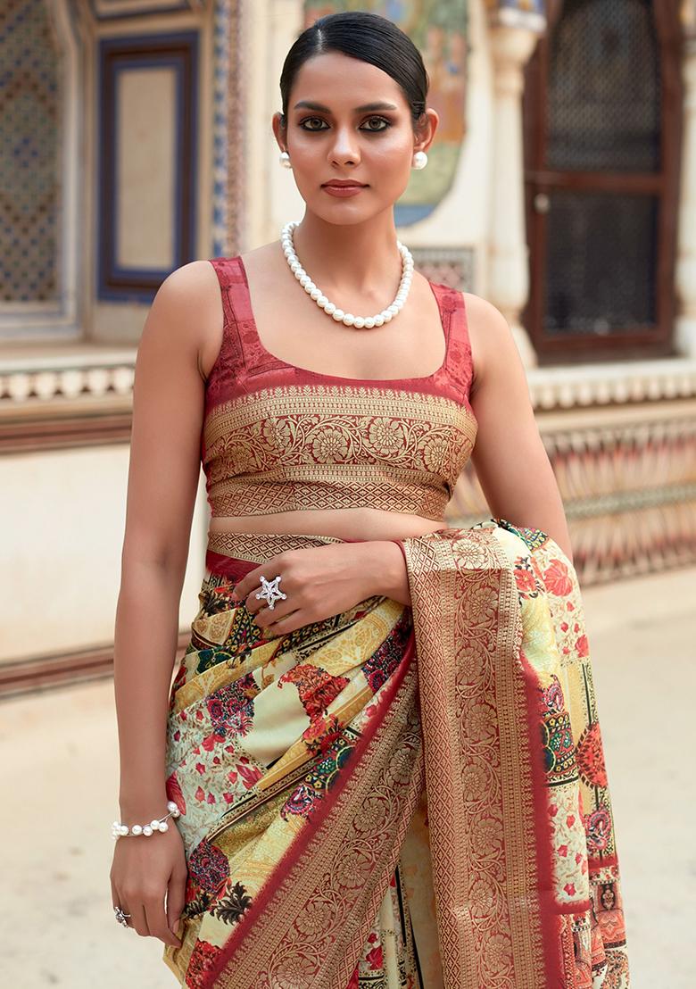 Yellow Digital Print Silk Sarees