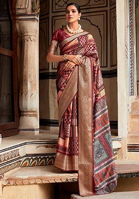 Wine Digital Print Silk Sarees