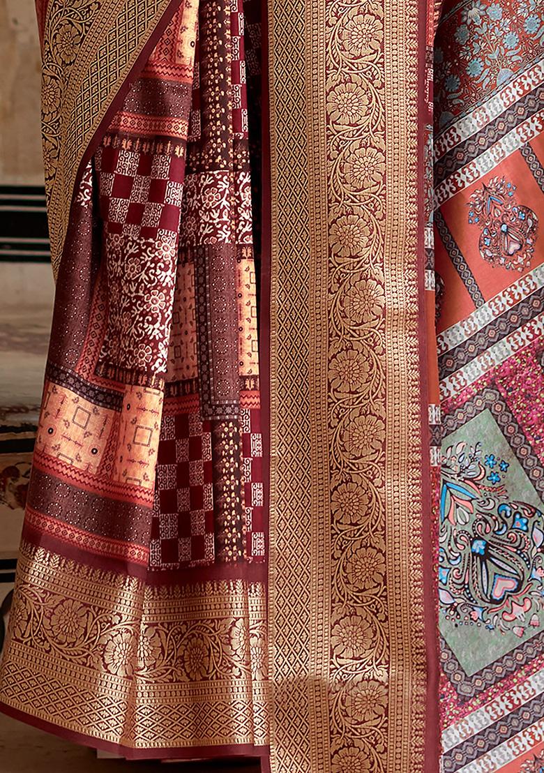Wine Digital Print Silk Sarees