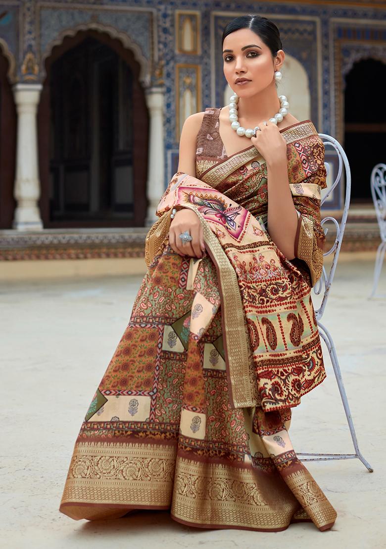 Brown Digital Print Silk Sarees