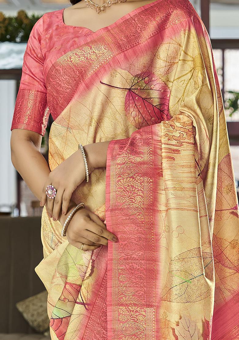 Yellow Digital Print Silk Sarees