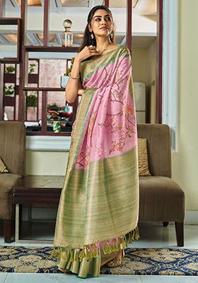 Pink Floral Print Silk Sarees
