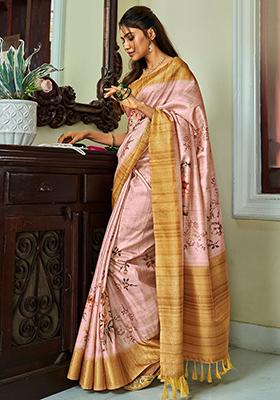 Pink Floral Print Silk Sarees