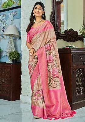 Cream Floral Print Silk Sarees