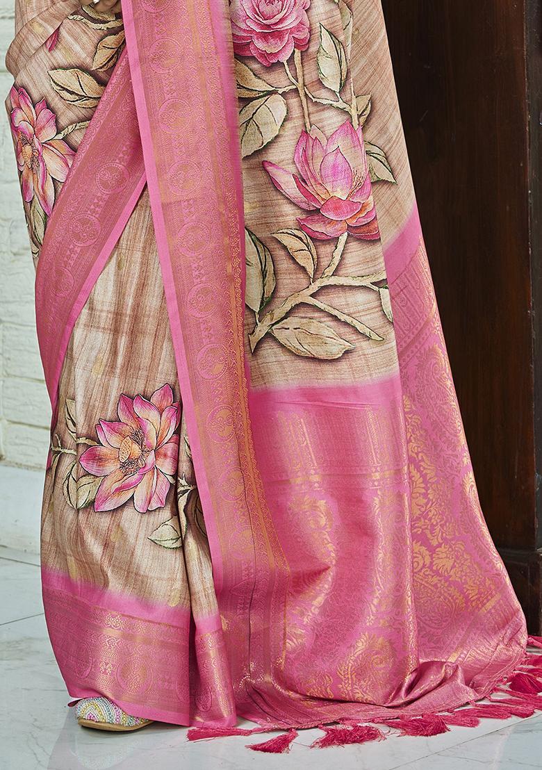 Cream Floral Print Silk Sarees