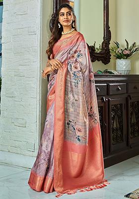 Lavender Floral Print Silk Sarees