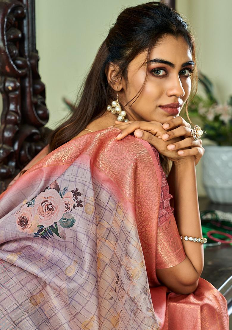 Lavender Floral Print Silk Sarees