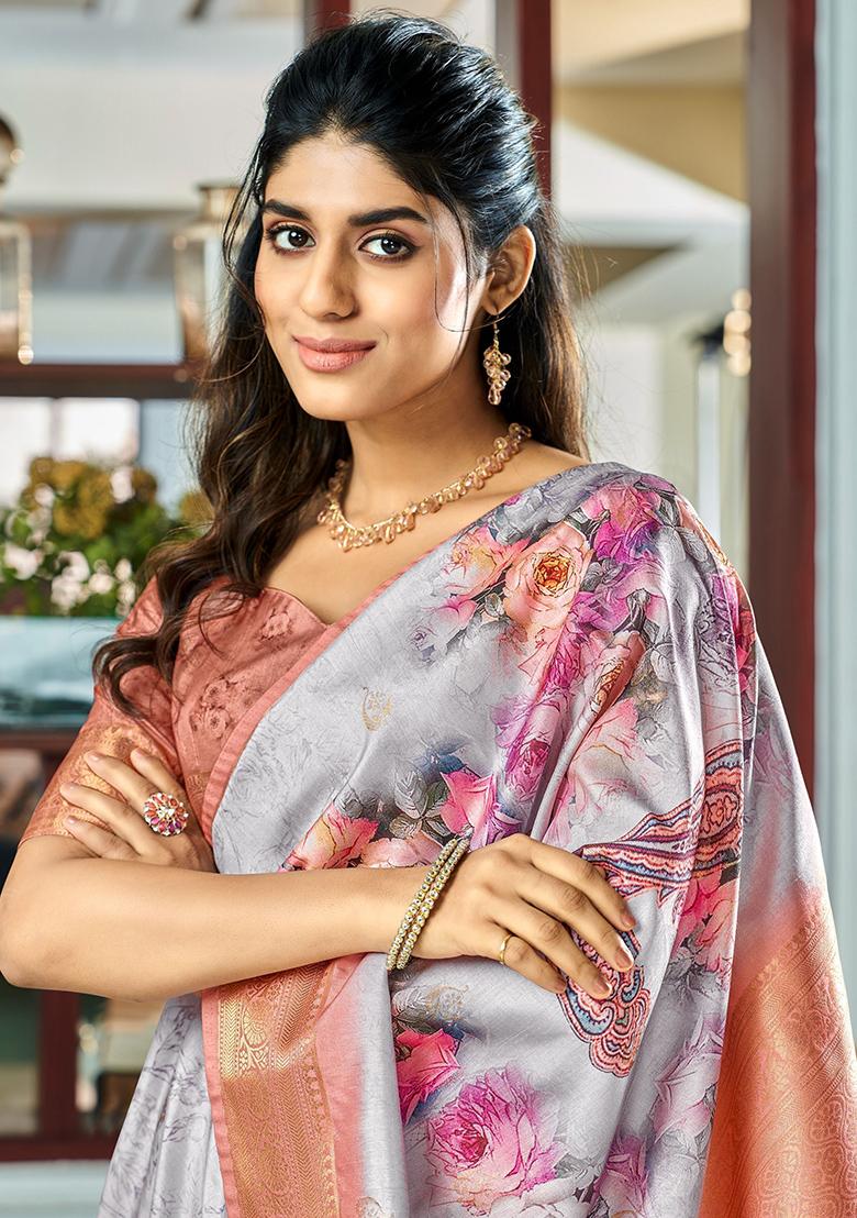Grey Floral Print Silk Sarees