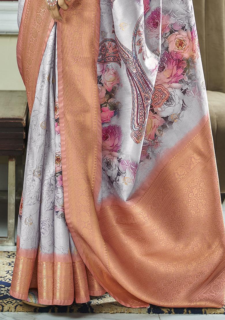 Grey Floral Print Silk Sarees