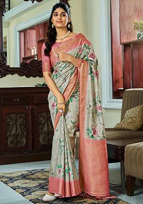 Grey Floral Print Silk Sarees