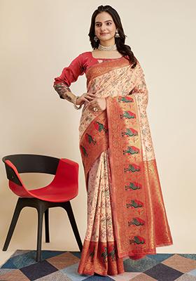 Peach Zari Weaving Net Sarees