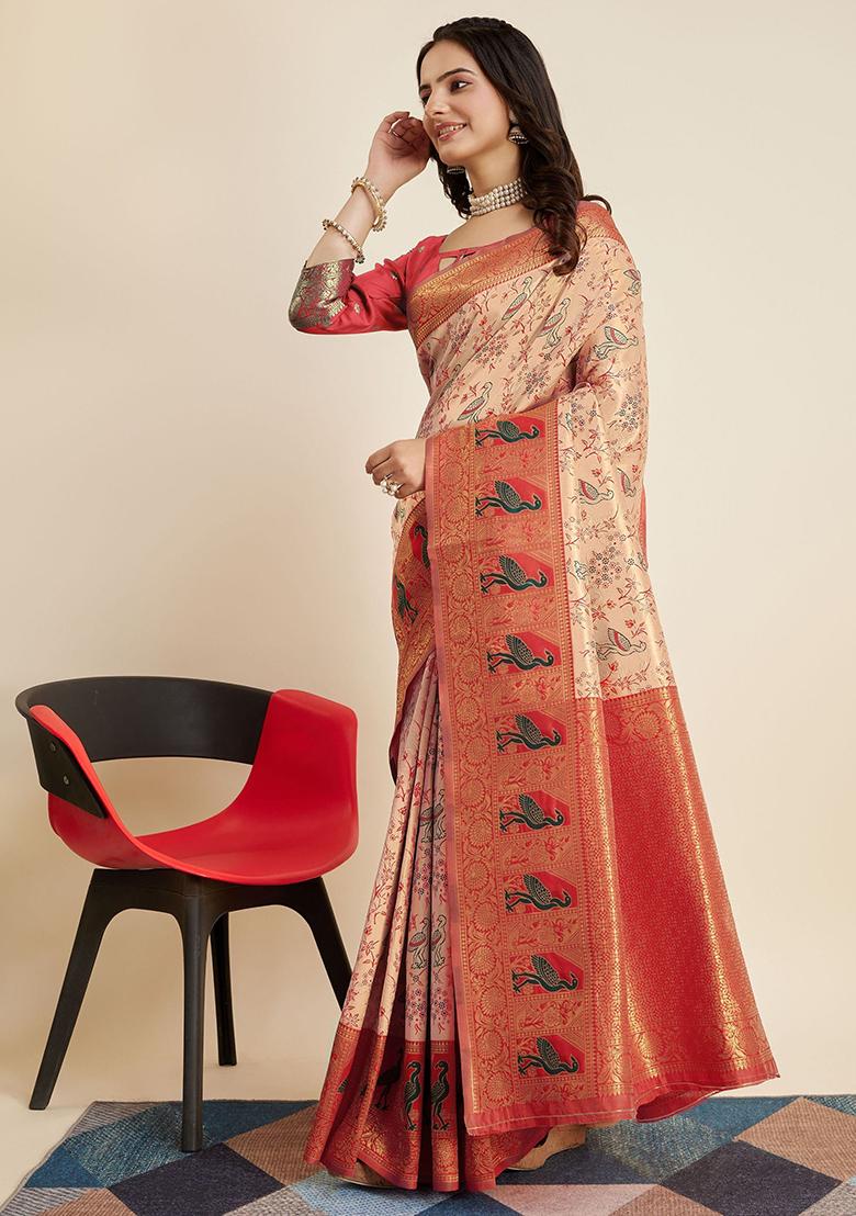 Peach Zari Weaving Net Sarees