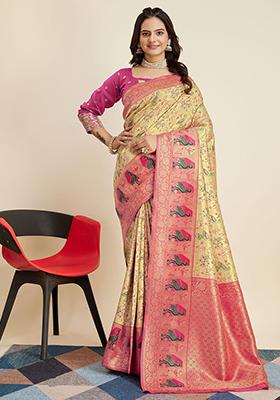 Beige Zari Weaving Banarasi Silk  Sarees