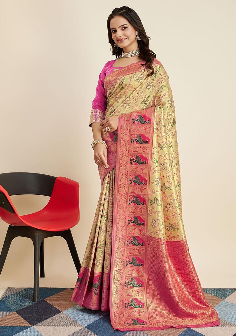Beige Zari Weaving Banarasi Silk  Sarees