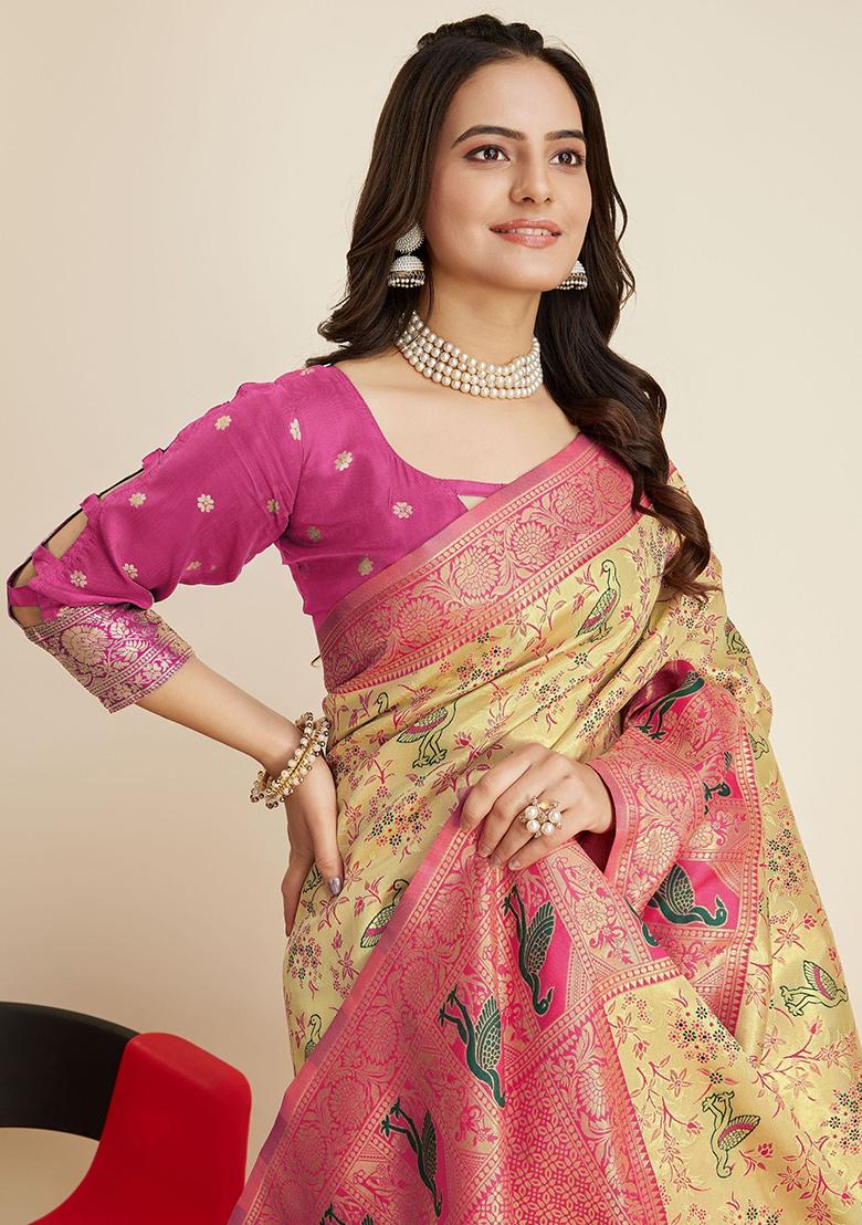 Beige Zari Weaving Banarasi Silk  Sarees