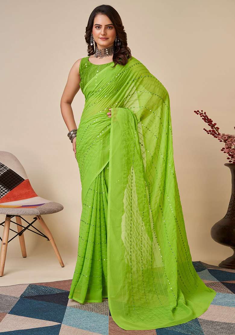 Green Sequin Embroidered Georgette Sarees for Diwali and Festive Wear - Indya