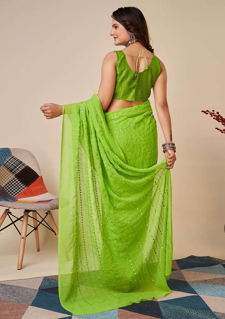 Green Sequin Embroidered Georgette Sarees for Diwali and Festive Wear - Indya