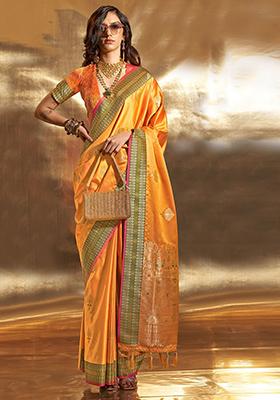 Yellow Zari Weaving Satin Sarees