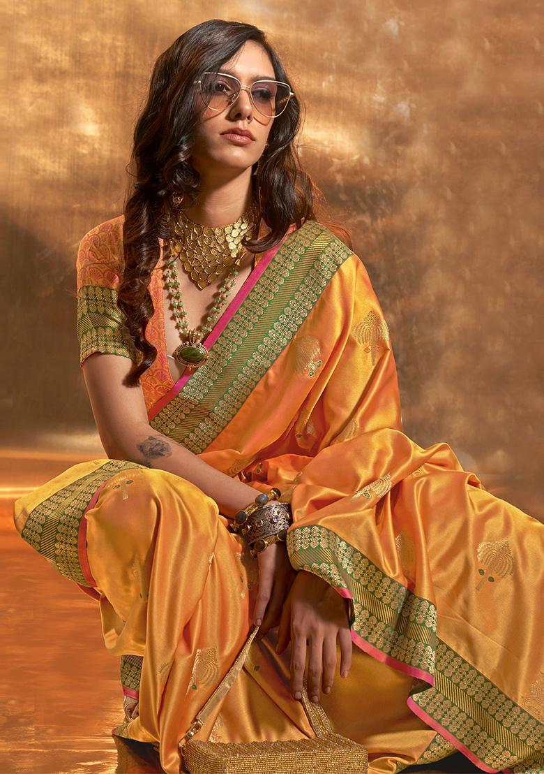 Yellow Zari Weaving Satin Sarees