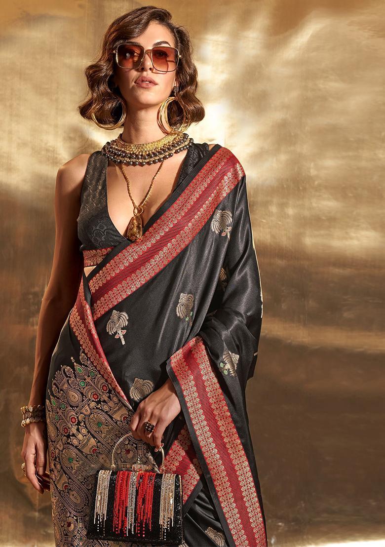Black Zari Weaving Satin Sarees