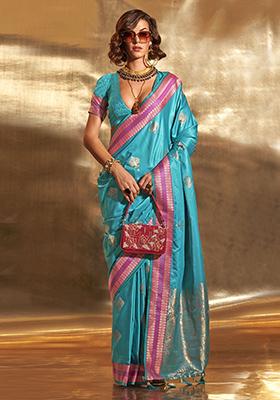 Sky Blue Zari Weaving Satin Sarees