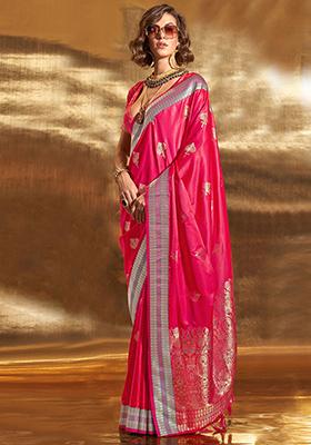 Pink Zari Weaving Satin Sarees
