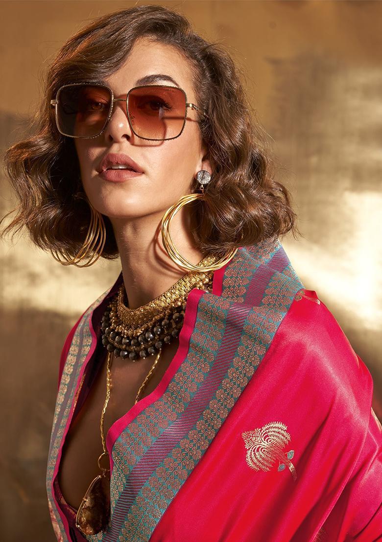 Pink Zari Weaving Satin Sarees