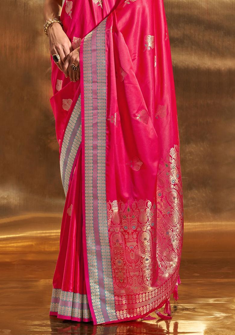 Pink Zari Weaving Satin Sarees