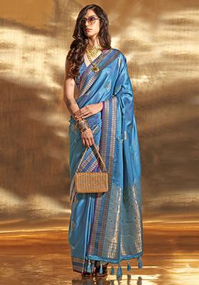 Blue Zari Weaving Satin Sarees